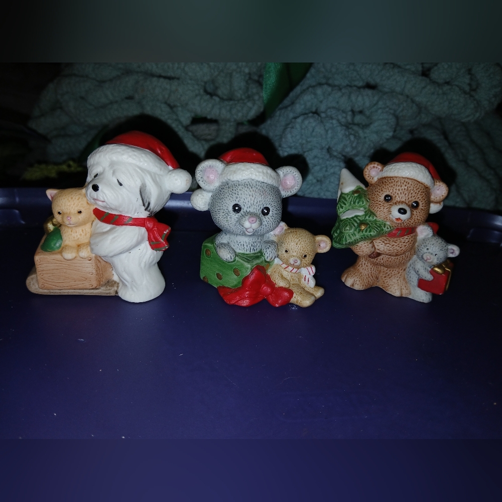 Vintage Homco Christmas figurines #5254 dog mouse bear kitten Set of 3